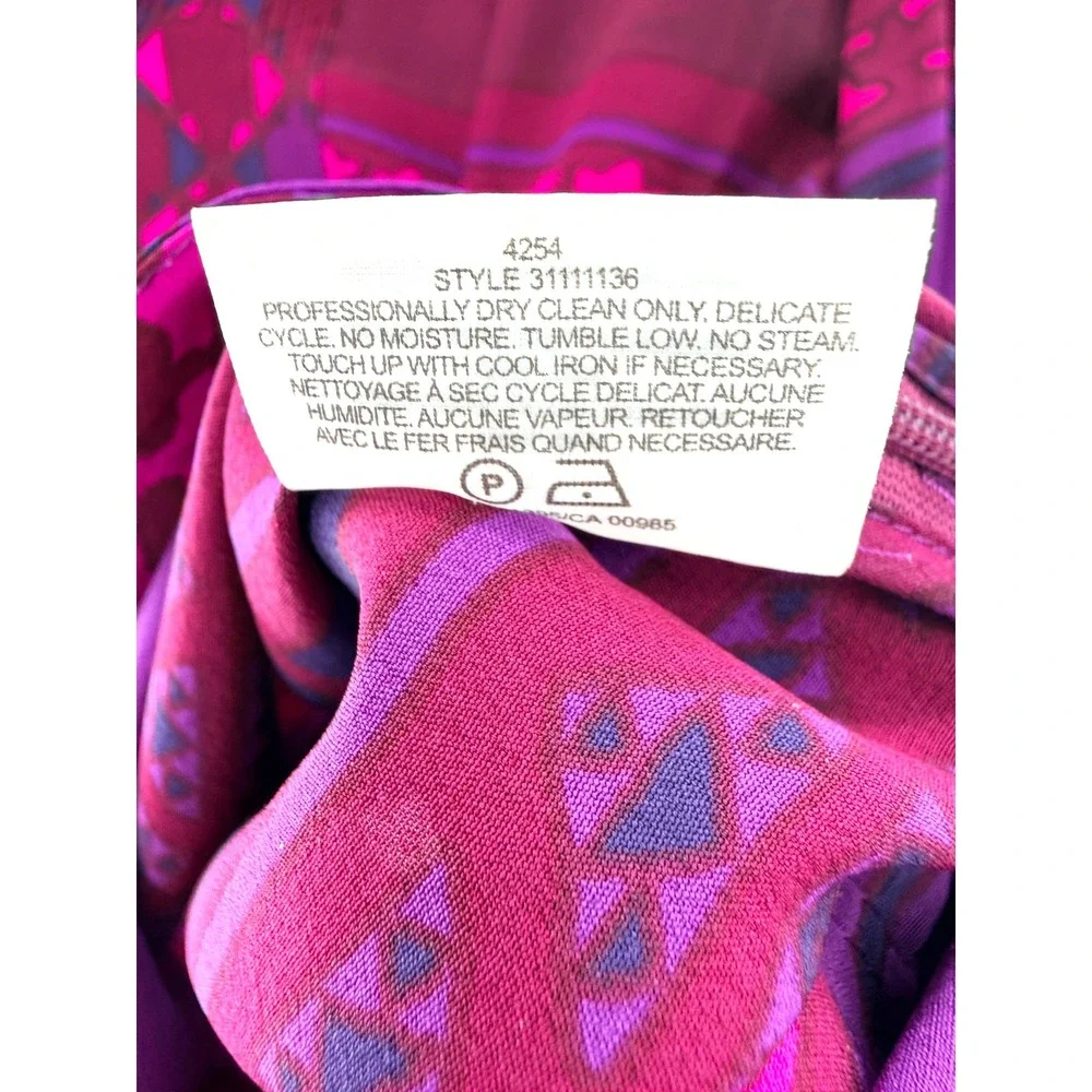 Tory Burch Purple Silk Ruffle Tunic Blouse Geometric Print‎ 3/4 Sleeve Size 8